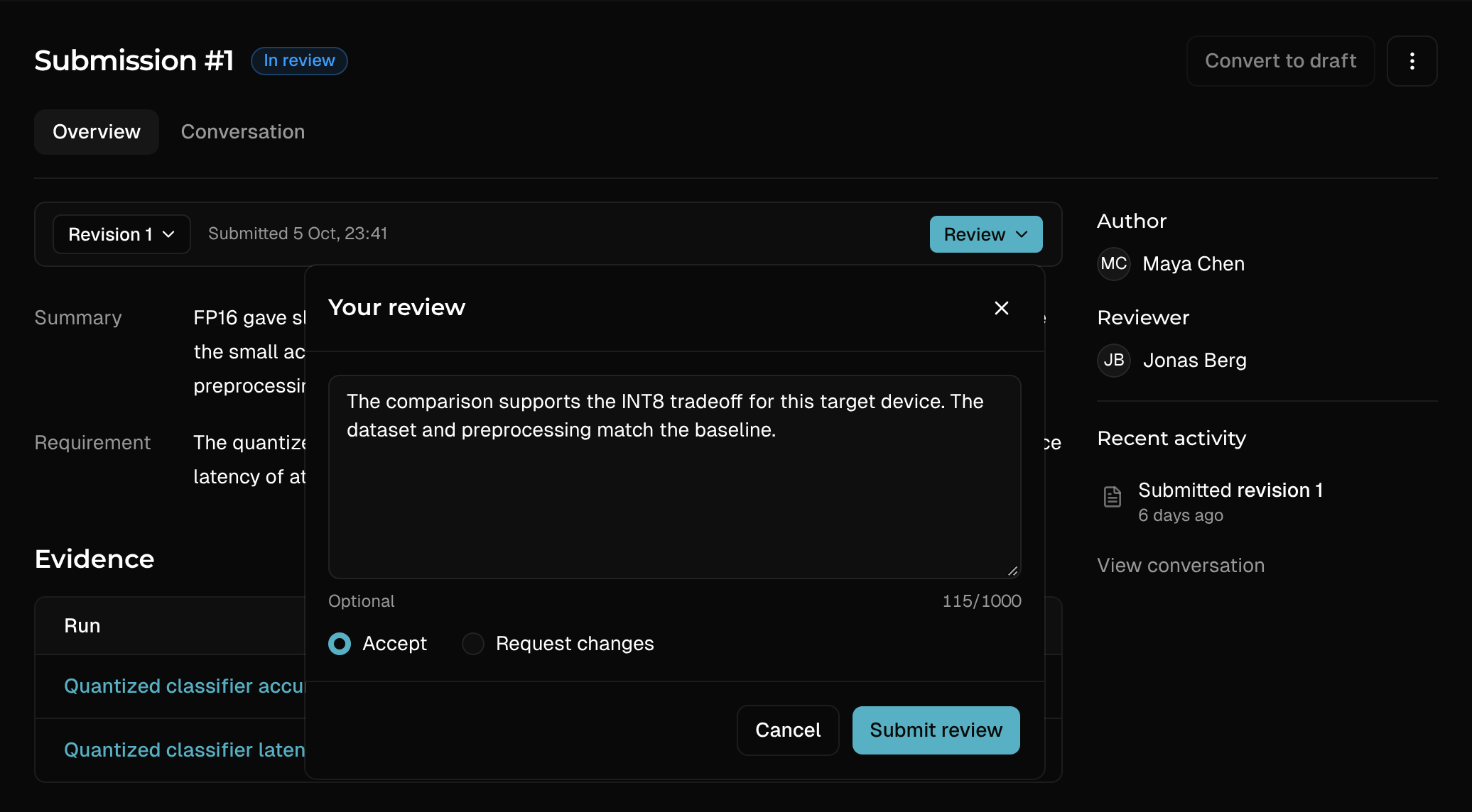 An example evidence submission brings together supporting runs, check results, and a review decision.