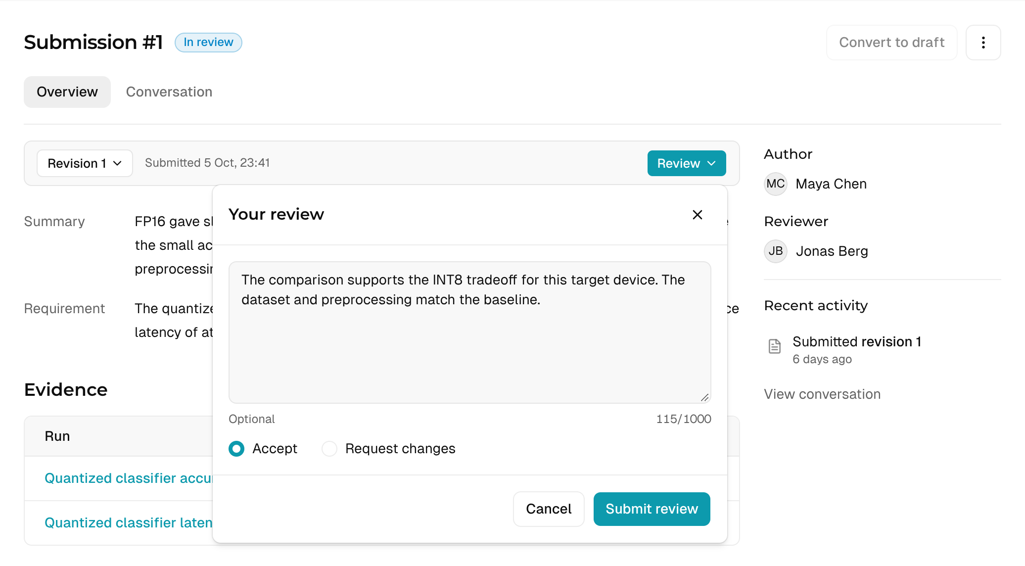 An example evidence submission brings together supporting runs, check results, and a review decision.