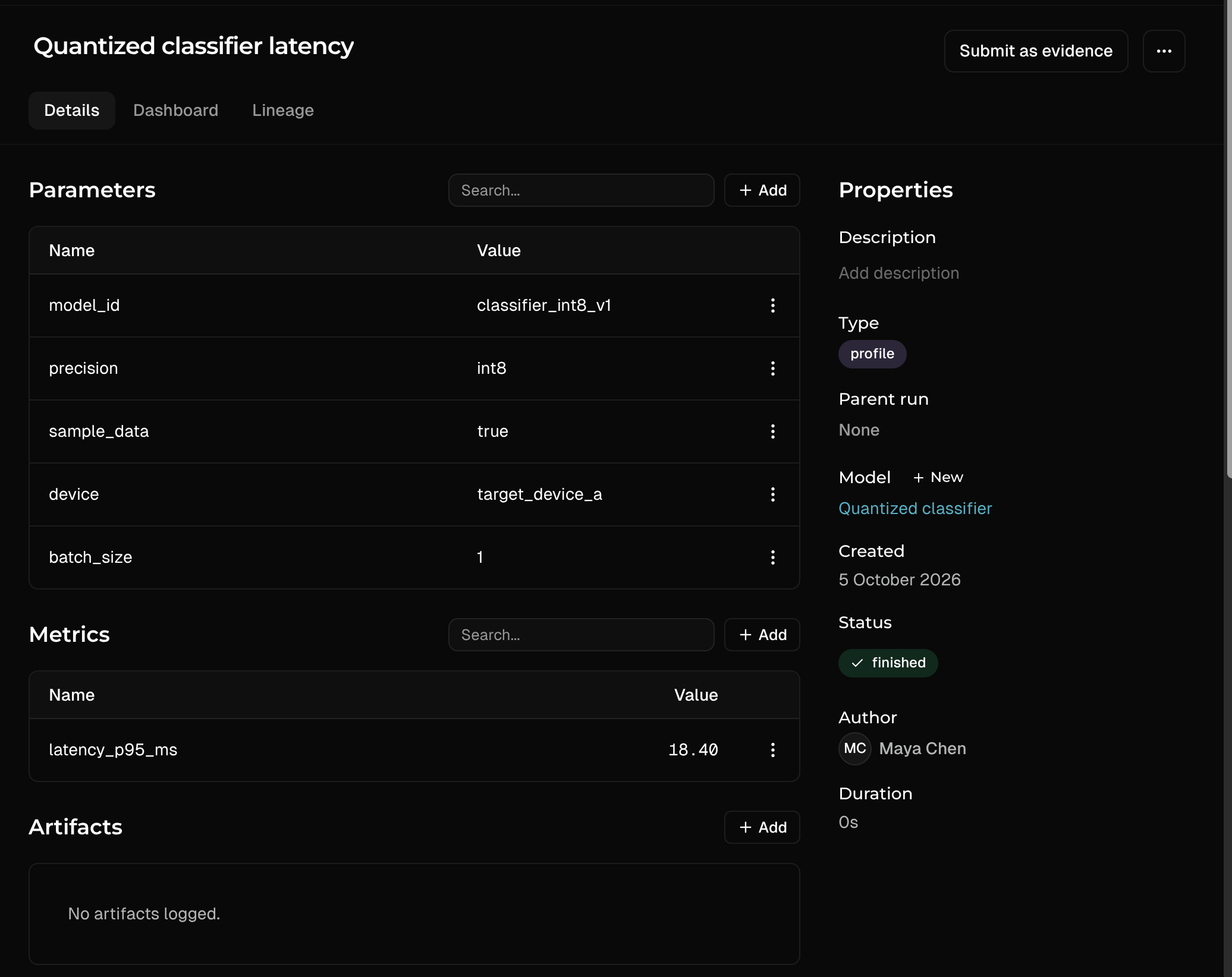 An example profiling run records latency alongside the model, precision, target device, and batch size.
