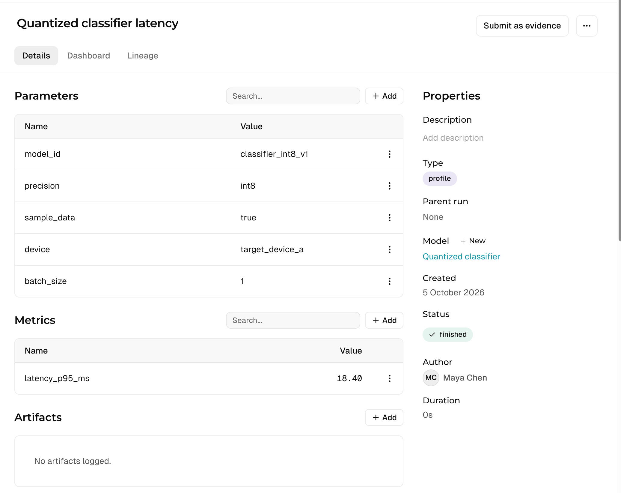 An example profiling run records latency alongside the model, precision, target device, and batch size.